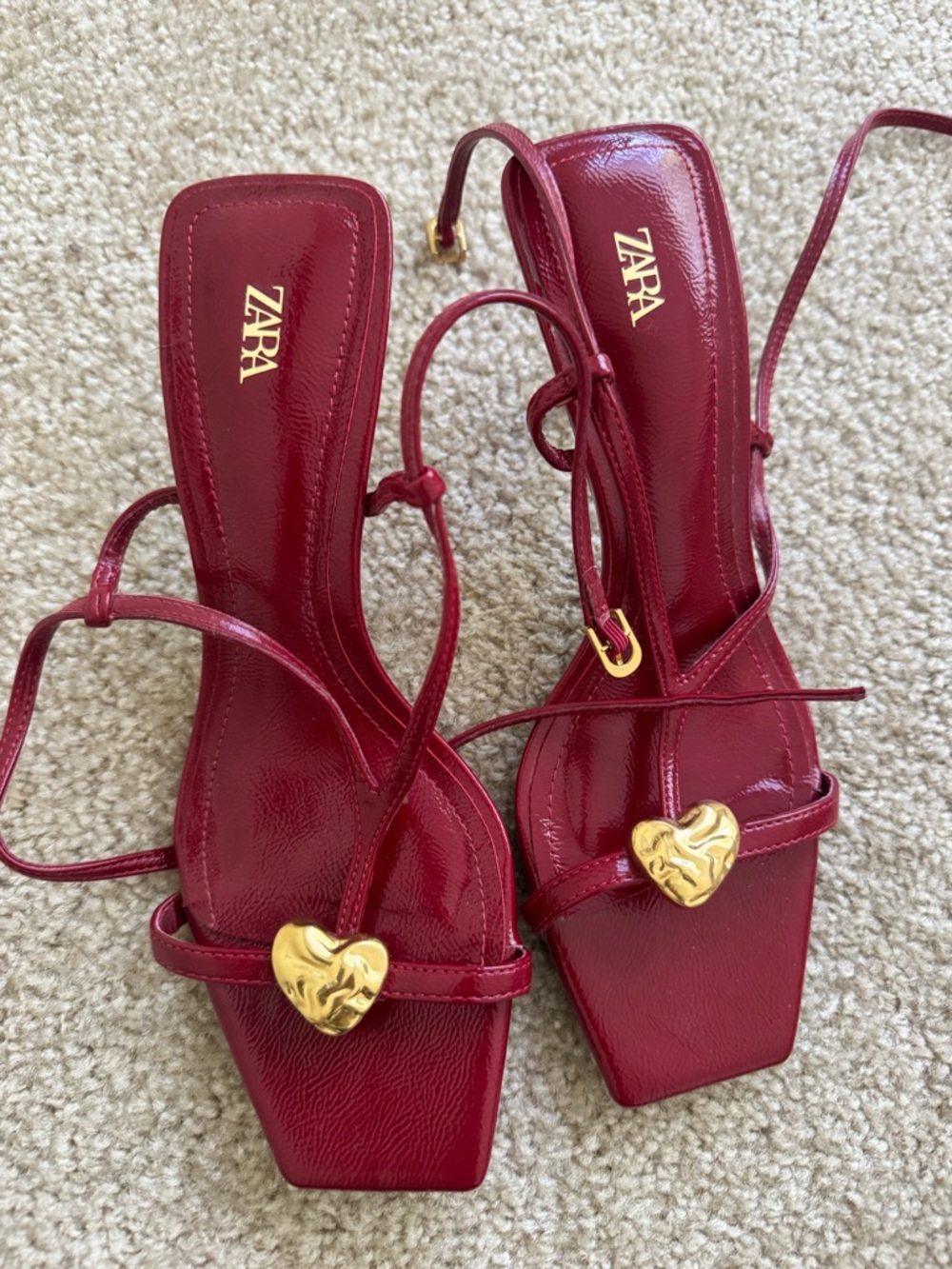 ZARA Burgundy Strappy Heeled Sandals with Gold Heart Accent